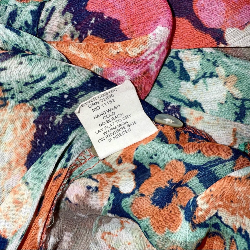 Fig & Flower Women’s‎ Sheer Floral Orange Pink Green BOHO Chic Casual Blouse Top - Picture 9 of 13
